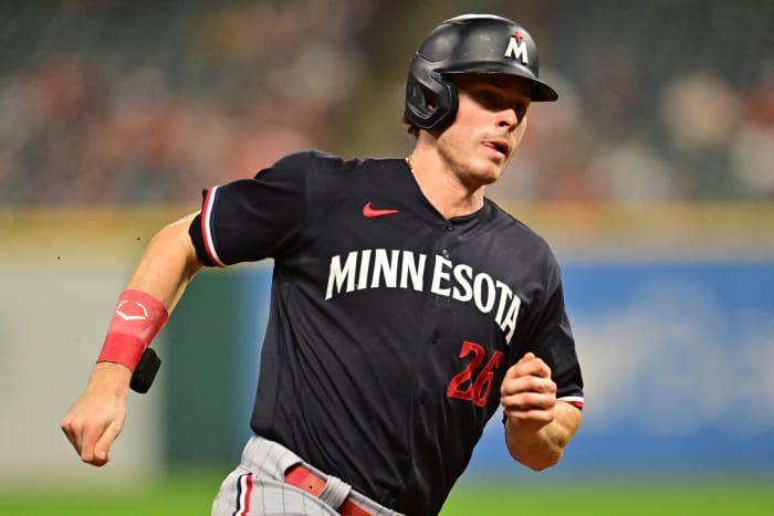 Sep 5, 2023; Cleveland, Ohio, USA; Minnesota Twins right fielder Max Kepler (26) rounds third base en route to scoring during the eighth inning against the Cleveland Guardians at Progressive Field.